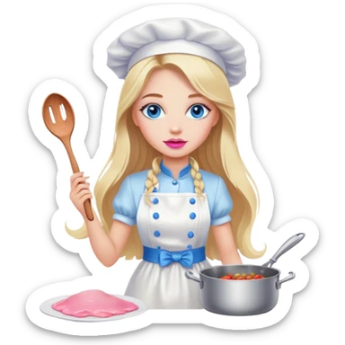 Cinematic realistic beautiful blonde with long hair, blue eyes and pink lips in a white dress cooks sticker