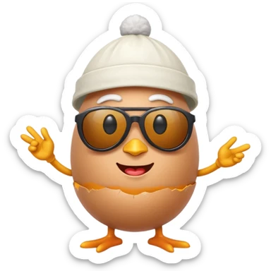 a funny, proud cartoon-style egg character wearing sunglasses and a small fan cap , solid orange background. sticker