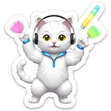 cat dancing with headphones, glow sticks, college party atmosphere sticker