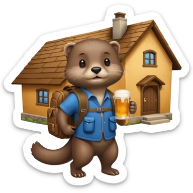 otter with a backpack holding a beer entering a house sticker