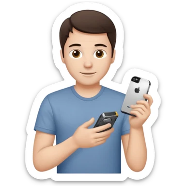 make a white guy with dark brown hair, with a simple white o grey shirt, repairing an iphone happy, tecnician with small real tools for phone sticker