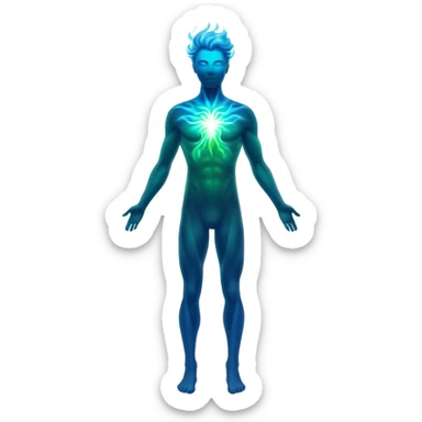 Masculine silhouette formed by radiating ethereal energy waves, abstract flowing aura in shape of man, minimalist sticker