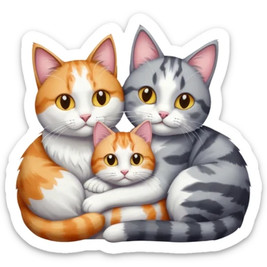 big grey and white cat cuddling a colourful light patched calico + white tabby cat sticker