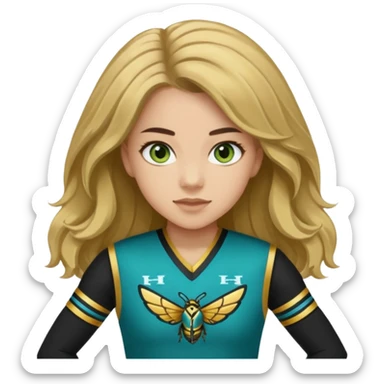 Im white  I have greenish blue hazel eyes I have light brown long hair and my cheer uniform is black and gold and says hornets sticker