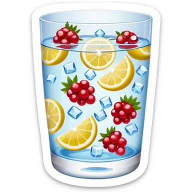glass of water with floating berries, lemon slices, and ice cubes, emoji style sticker