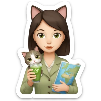 a brunette woman in here 30S drinking an iced matcha, carrying a grey cat and a map of the world sticker