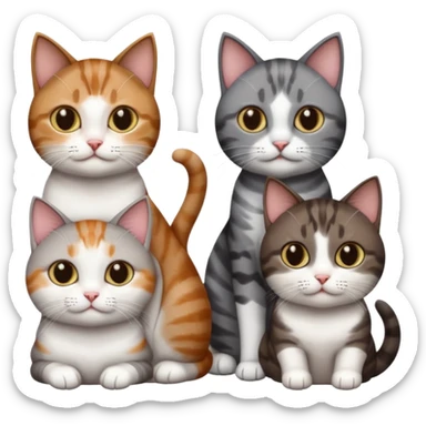 3 different coloured short haired cats including; a dark brown tabby and white cat, and a dark grey and white  sticker