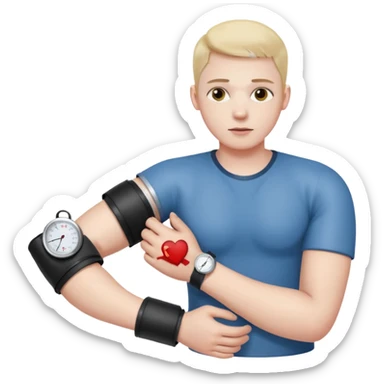 blood pressure cuff wrapped around upper arm with dial reading sticker