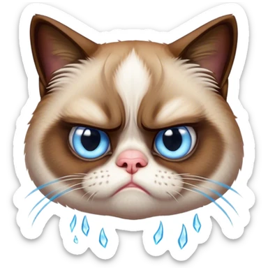 Cinematic Meme-Worthy Grumpy Cat meme Portrait Emoji, Head held high but eyes filled with dramatic disappointment, soft brown fur , white paws planted firmly in defiance, signature grumpy cat frown perfectly etched on its face, icy-blue eyes radiating pure disapproval, Simplified yet hilariously over-exaggerated features, highly detailed, glowing with an aura of supreme annoyance, high shine, exhausted yet judgmental, stylized with an almost regal pettiness, bright but brooding, soft glowing outline, capturing the essence of a feline that has seen it all and is thoroughly unimpressed, so meme-worthy it feels like it could instantly become the next viral sensation of grumpiness! sticker