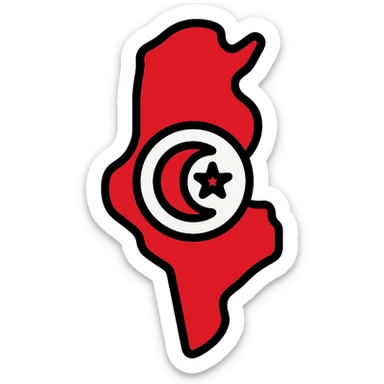 icon of Tunisia's map with a red and white color scheme, crescent and star sticker