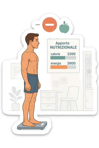 a man stands on a digital scale, looking at a nutrition chart that shows his daily calorie intake is lower than his energy expenditure. Floating icons above his head display a negative calorie balance, and his body appears slightly leaner, with visible muscle definition. The background is a modern clinic, emphasizing the concept of caloric deficit. scritto in italiano sticker