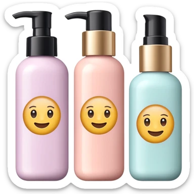 emoji of three different beauty products, with brand labels, minimalistic but luxury design (realistic), pastel colors sticker
