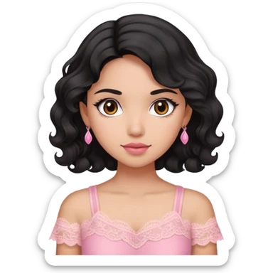 A girl with morena skin tone and black wavy hair wearing pink lace top sticker