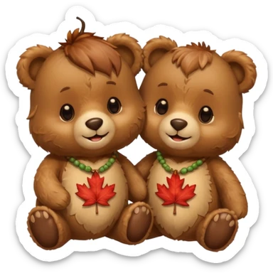 2 fluffy Teddy bears in love. One has an acorn necklace and a maple leaf necklace  sticker