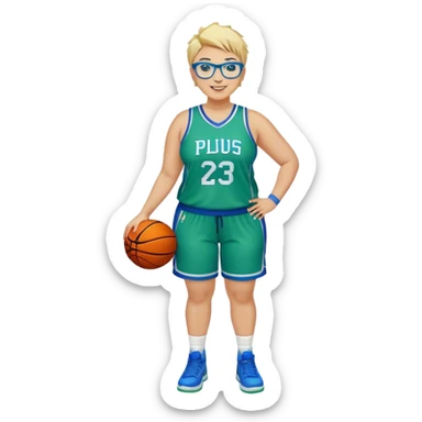 Full Body plus size white female with short spike hair wearing blue glasses basketball player wearing blue green uniform smiling sticker