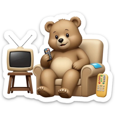 A cartoonish bear sitting comfortably, holding a remote control, watching a small TV with a happy expression, surrounded by cozy home elements, in a simple and clean emoji style. sticker