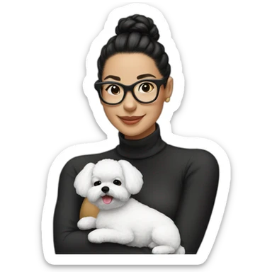 woman-black-hair-bun-with glasses-with bichon dog-white-smile-Christmas sticker