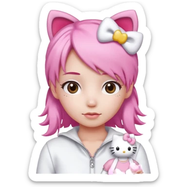 Female pink hair Wearing white and light pink clothing with hello kitty accessories sticker