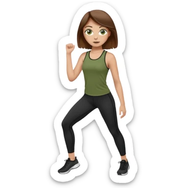 Girl with green eyes, brown hair, light skin, and freckles wearing an olive green top with black leggings working out sticker