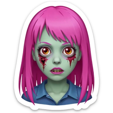 Create a female zombie emoji with long, straight hair in hot pink and bangs. sticker