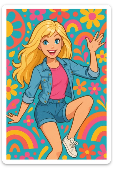 blonde Barbie, casual clothes, playful pose, bright and colorful background sticker