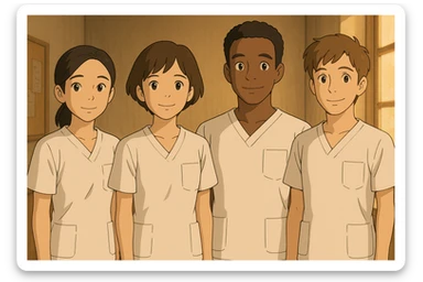 Four nursing students standing side by side, inspired by four referenced faces, in Ghibli style, wearing short-sleeved white medical uniforms without collars, no undershirts or stethoscopes. The tops are medical tunics with V-neck collars and a left chest pocket. Warm indoor ambiance. sticker