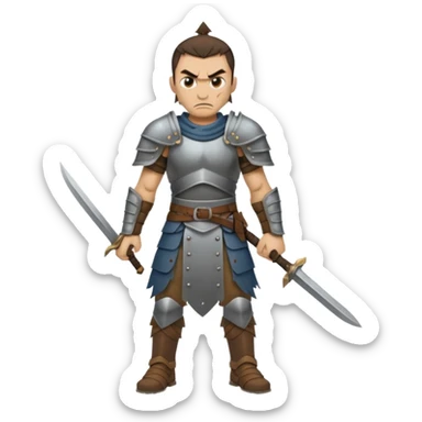 full body Hun warrior inspired by Mulan, barbaric, sharp cheekbones, angry glare, armored, tattered clothing sticker