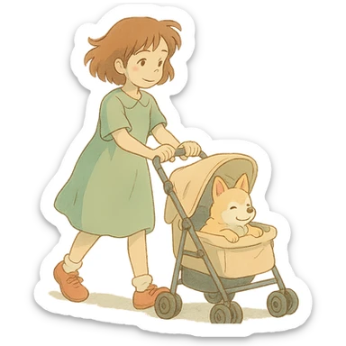 girl walking a dog in a stroller with soft colors sticker