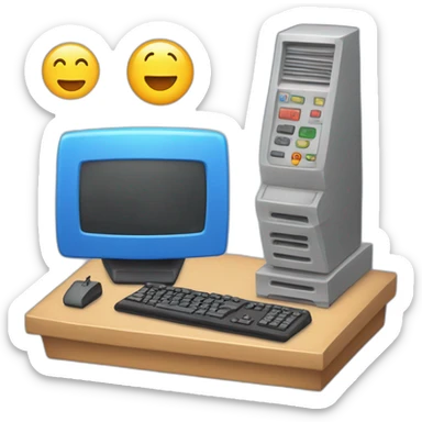 una torre de pc y al lado un volante un joystick y un mando sticker