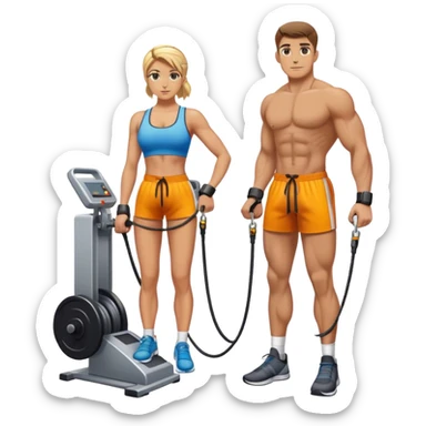 athlete standing next to cable-machine with cable tied to ankle cuffs (for leg exercise) sticker