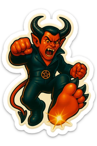 Create an image of the character performing a big, dramatic stomp with one foot raised and coming down, in the same retro sticker style. The background should be transparent and no other characters or elements should be included, just the stomp pose. sticker