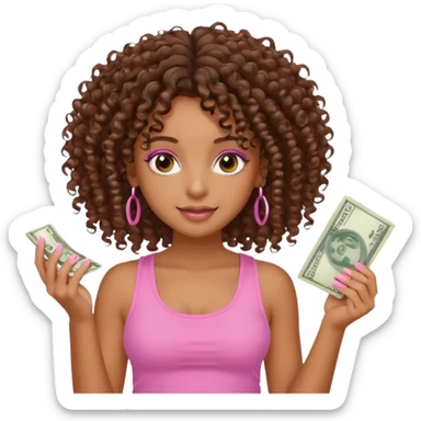 Uma menina com o cabelo cacheado é morena, e com uma regata rosa com unha em gel, é com Baby hair ,e com dinheiro na mão ,𓍢ִ໋🀦⃝🪼〰꩜ sticker