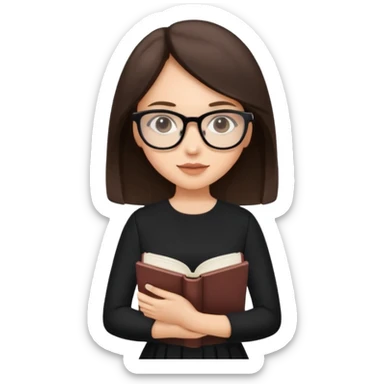 a cute brunette girl in a black dress wearing glasses  with two hands  sticker