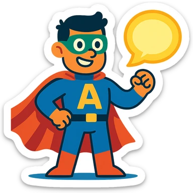 super hero for language learning, with a mask, cape, and a glowing speech bubble sticker