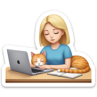 A girl is working hard in front of her laptop, and a cat is sleeping next to it sticker