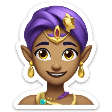 Shantae the Half-Genie, with Tan Skin, Purple Hair with a purple long ponytail, Blue pupils, Gold Tiara on her forehead, elf ears, Circular earrings, Winking, smiling. sticker