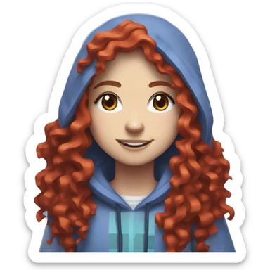 a white girl with long red curly hair and freckles, wearing periwinkle Minecraft hoodie playing a videogame smiling sticker