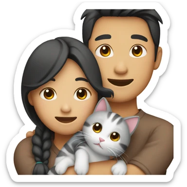 asian couple hugging with a cat sticker
