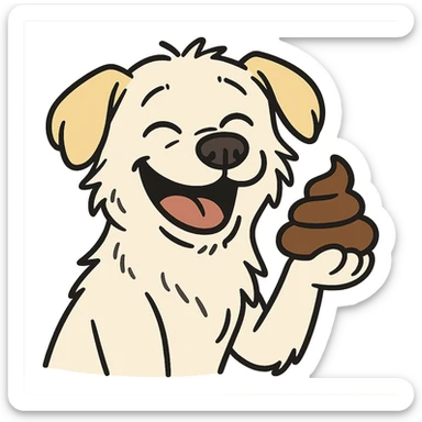 cartoon style emoji of a white mongrel dog with light yellow floppy ears, mix of Jindo and Retriever, lying ears, messy but cute face, smiling happily while holding poop sticker