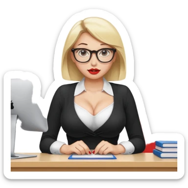 Blond lady.big boobs.glasses.short skirt.white shirt .cleavage .red lipstick .bending over desk sticker