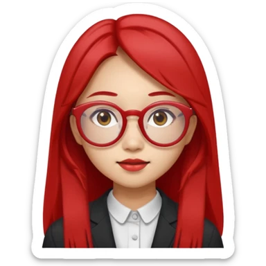 20 yr old asian woman, straight thick long brown hair, middle part, big red glasses, brown eyes sticker