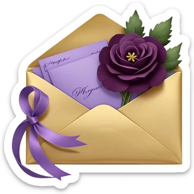 Beneath the soft light of a silver crescent moon, a bundle of handwritten letters lies wrapped in a velvety plum ribbon, adorned with a delicate sprig of lavender and a scattering of bruised violet pansies. A faded mauve rose and a deep purple peony, their petals gently curling at the edges, rest beside an ornate heart-shaped trinket, whispering tales of love lost and found. Golden stars twinkle faintly, reflecting off the wax-sealed envelopes, as if they, too, are enchanted by the lingering emotions woven into each word. sticker