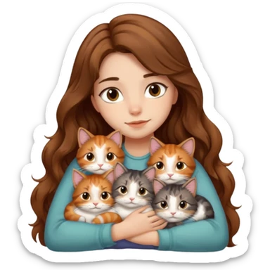 girl with long wavy brown hair snuggling 6 cats sticker