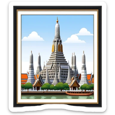 Cinematic Realistic Wat Arun Landmark Emoji, depicting the towering temple spires adorned with intricate porcelain mosaics sticker