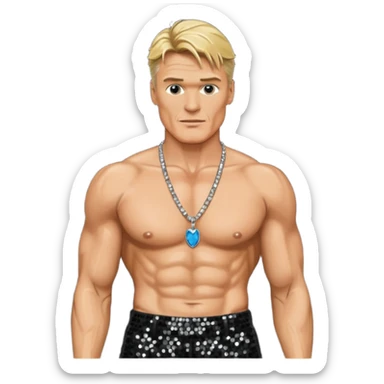 Dolph Lundgren with black sequin baggy pants, shirtless with necklace sticker