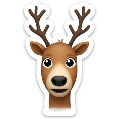 cartoon-style reindeer. It has a brown body with simple, rounded shapes. The head is round, with a large nose and two oblong black eyes in a minimalist style. sticker