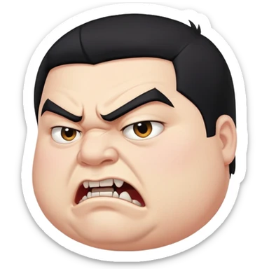 chubby young angry man in profile view with black hair, sharp fangs, crossed eyes sticker