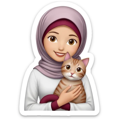 Asian White girl wearing maroon hijab and white dress holding a black grey tabby cat while smiling.  sticker