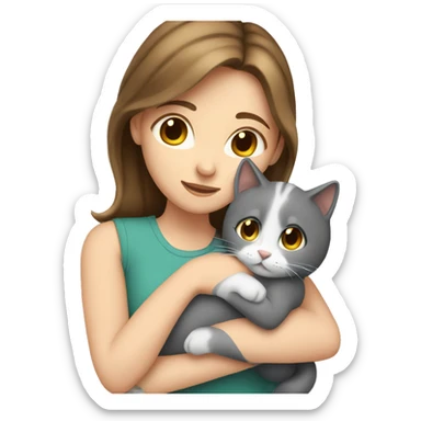 White girl with brown hair hugging grey cat sticker
