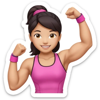 Athletic Asian girl show biceps wearing pink sticker